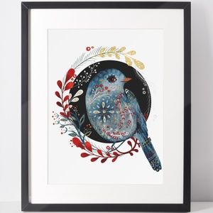 Wall Art Cute Blue Bird Portrait Illustration Print Poster Unframed